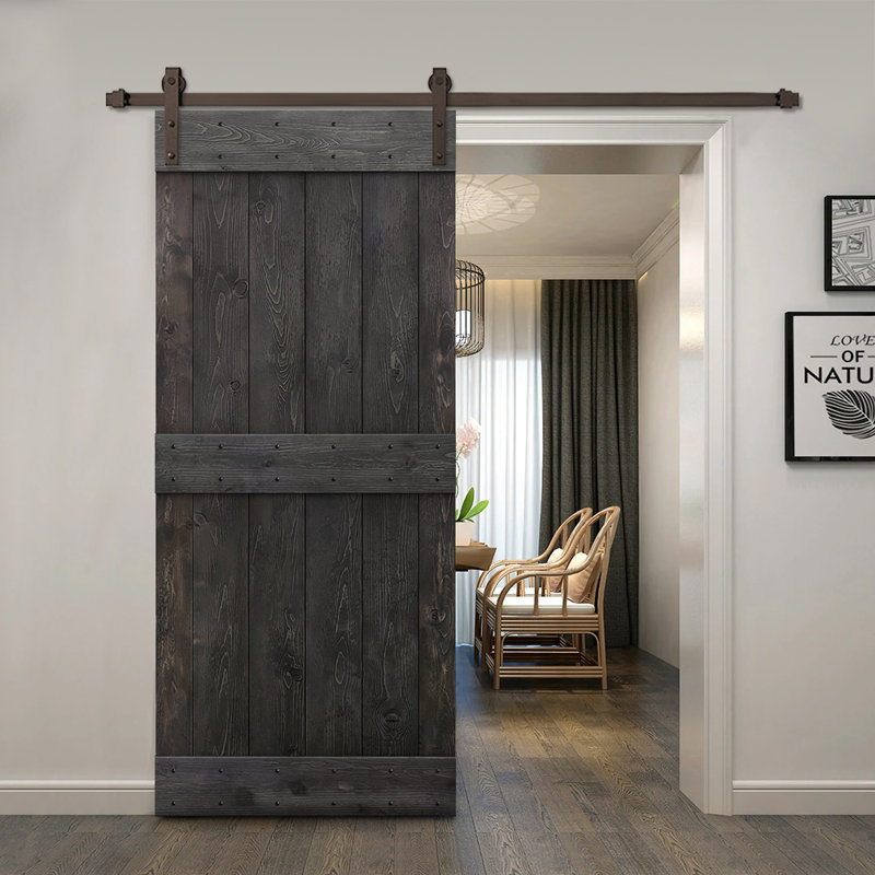 Porte de grange à panneaux et en bois avec quincaillerie d'installation, 44 po x 84 po, Naturel, Noir mat