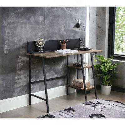 Bureau d'écriture rustique en chêne et noir à 2 tablettes avec base en forme de H
