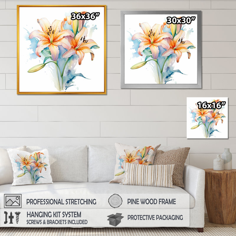 Aquarelle élégante lis pureté II sur toile, Cadre simple argenté, H 36 po x l 36 po x P 1,5 po