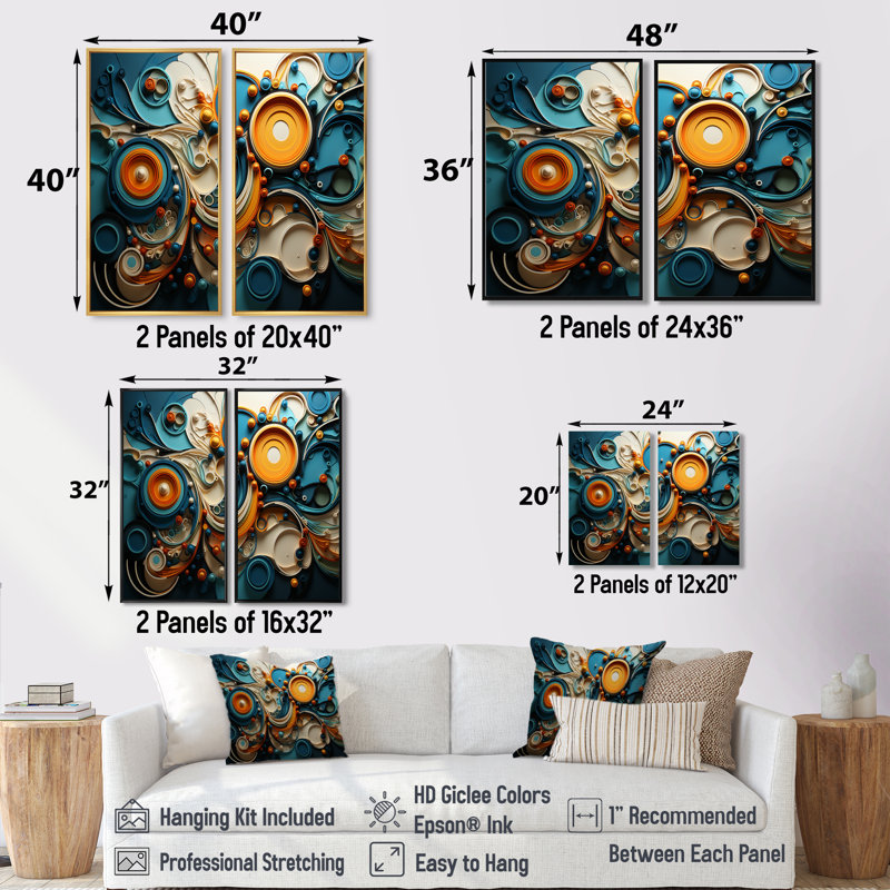 Art mural mural bleu sarcelle abstrait fractal Melages II - grandes fractales 2 pièces, 32" H x 32" W, Black