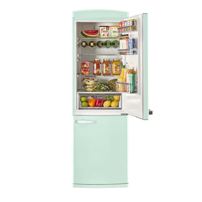 Summer Mint Green Retro Bottom Mount Fridge with Chrome Accents