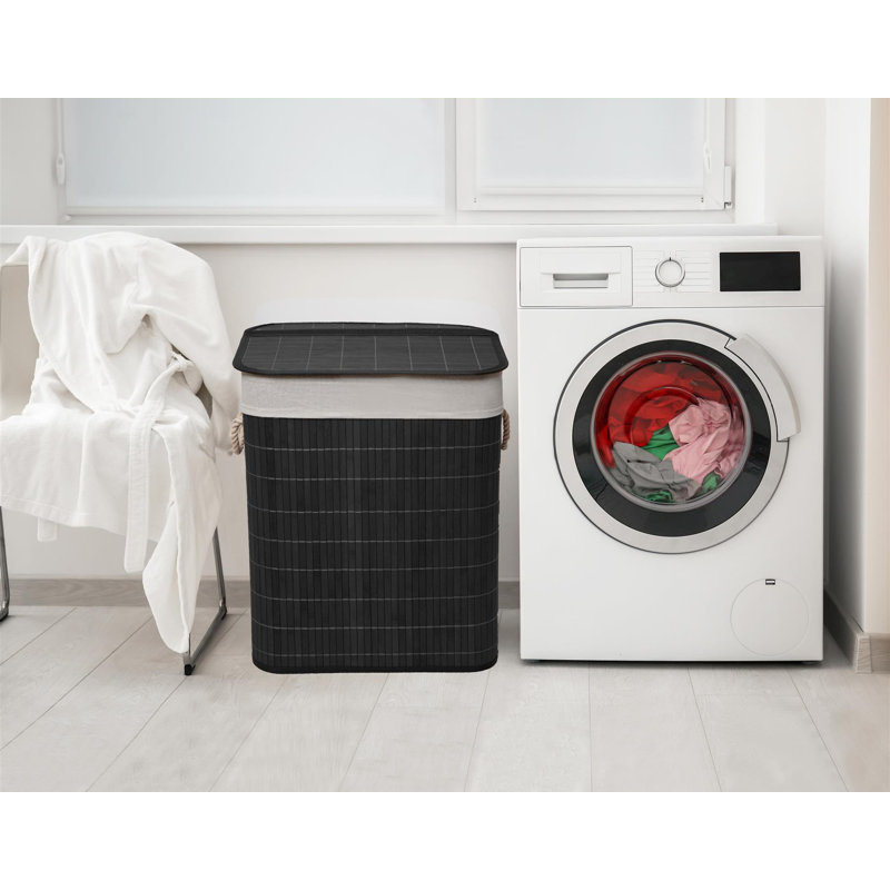 Bamboo Laundry Hamper 105l Dual Compartment Basket Removable Liner Foldable Storage Hamper With Lid, Black