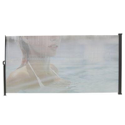American Design 71" Tall 138" Deep Retractable Side Awning, Gray, Semi-Transparent, With Printed Screens, For Pool And Balcony Wind Protection 71"X138" Gray Manual, Printing, Upf50+, Suitable Wooden