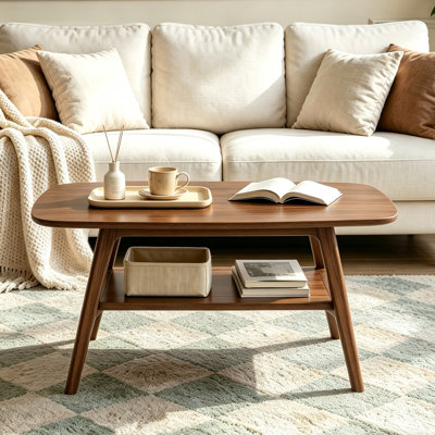 100% Solid Wood Single Coffee Table, 31.5" Rectangular Center Table, 2-Tier Storage, Modern Farmhouse Style Living Room Furniture For Small Spaces