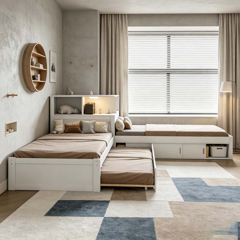 Lit plateforme en L avec rangement, bureau, lit gigogne et lumière DEL, Blanc