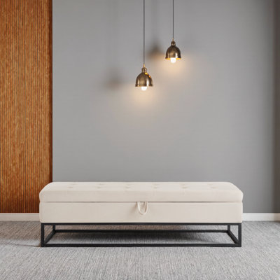 Beige Velvet Storage Bed Bench with Metal Base, 58.6 Inch Multi-Functional Ottoman