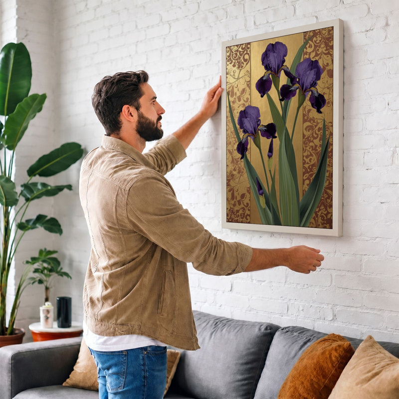 Irises Against Damask Botanical - Wrapped Canvas, 30x20 - 76.2 x 50.8 cm, Taupe Border