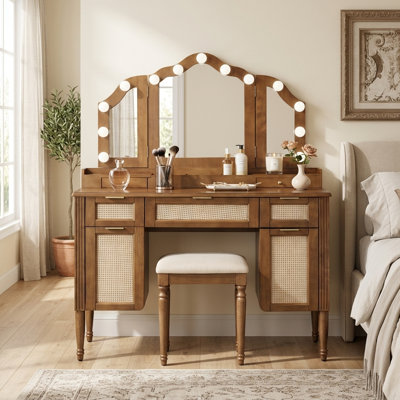 44.37" Makeup Vanity Desk with Tri-Fold Mirror, 13 LED Hollywood Lights, Charging Station, 5 Drawers, Storage Cabinets and Shelves for Bedroom