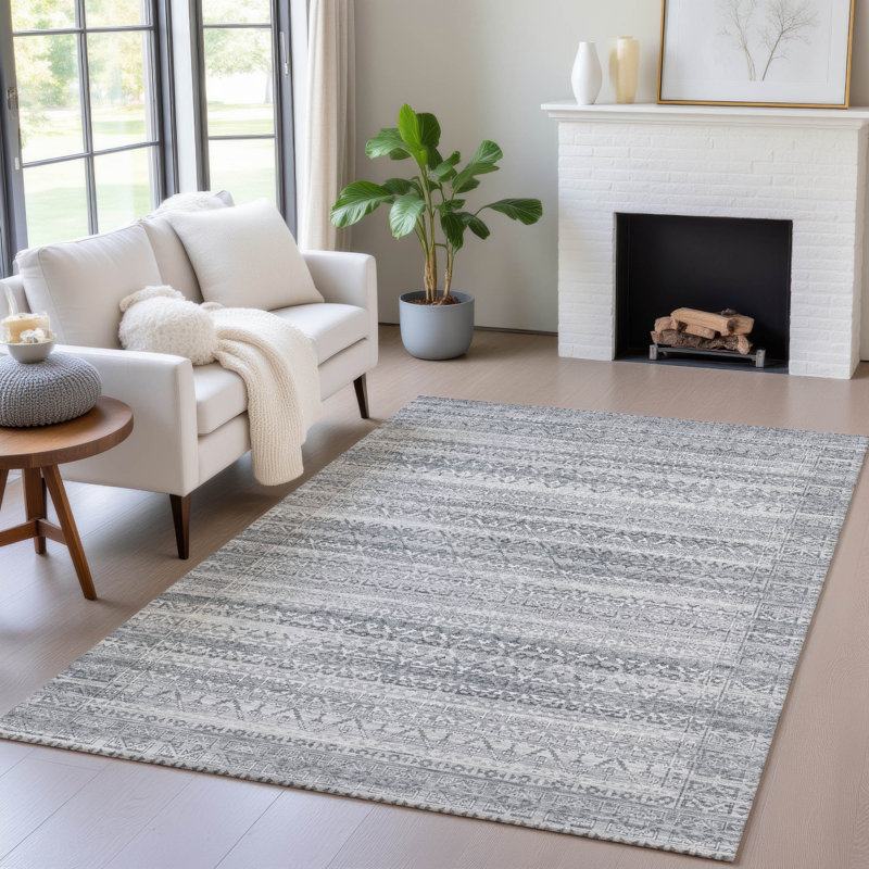 Tapis intérieur / extérieur gris lavable à la machine Xhevrie, Rectangle 5' x 7'6"