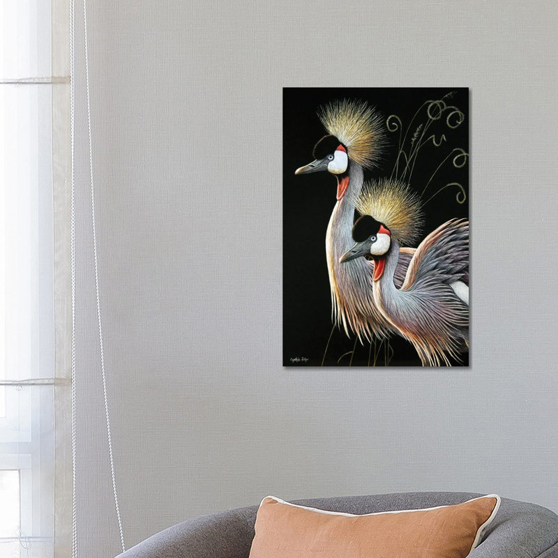 «Crowned Cranes» par Cynthie Fisher - peinture sur toile tendue, H 26 po x l 18 po x 1,5 po