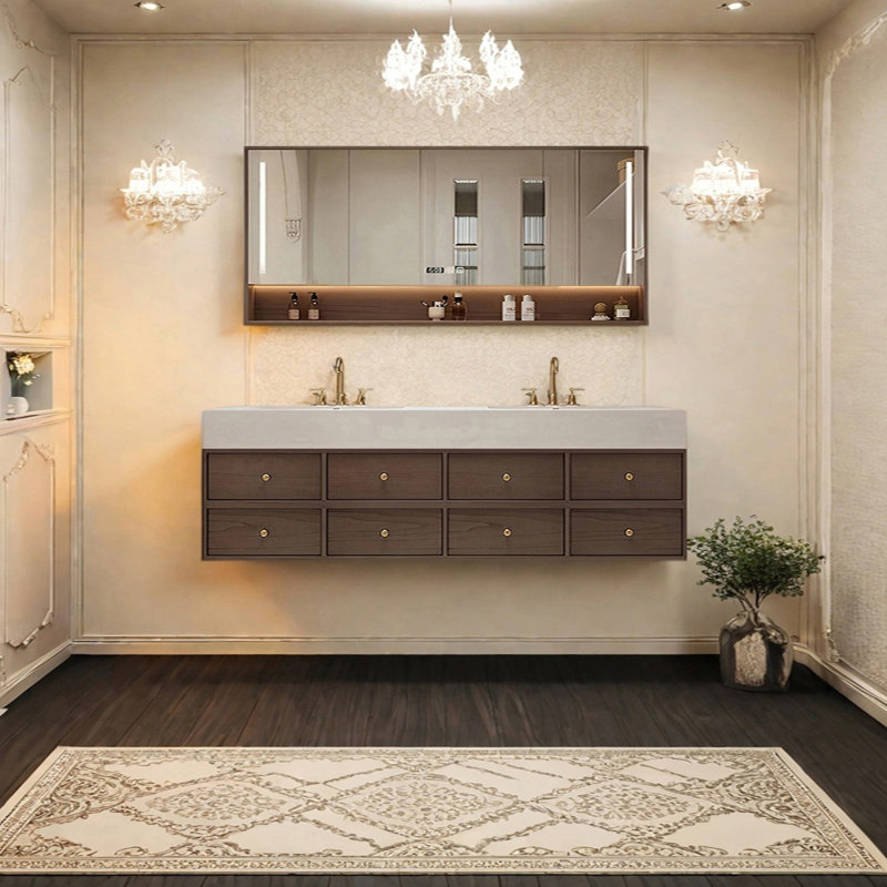 Armoire de salle de bain à double cuve de style moyen-ancien, H 21,65 po x l 70,86 po x P 21,65 po, Noyer