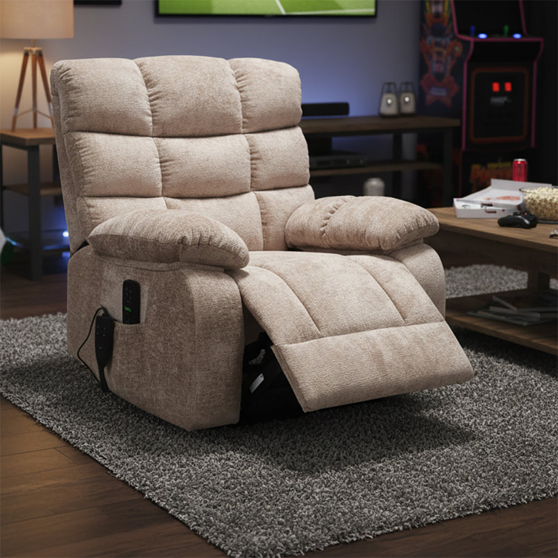 Classic Power Chenille Lift Recliner with Storage Pocket, Massage and Lumbar Heating Function, Beige Chenille