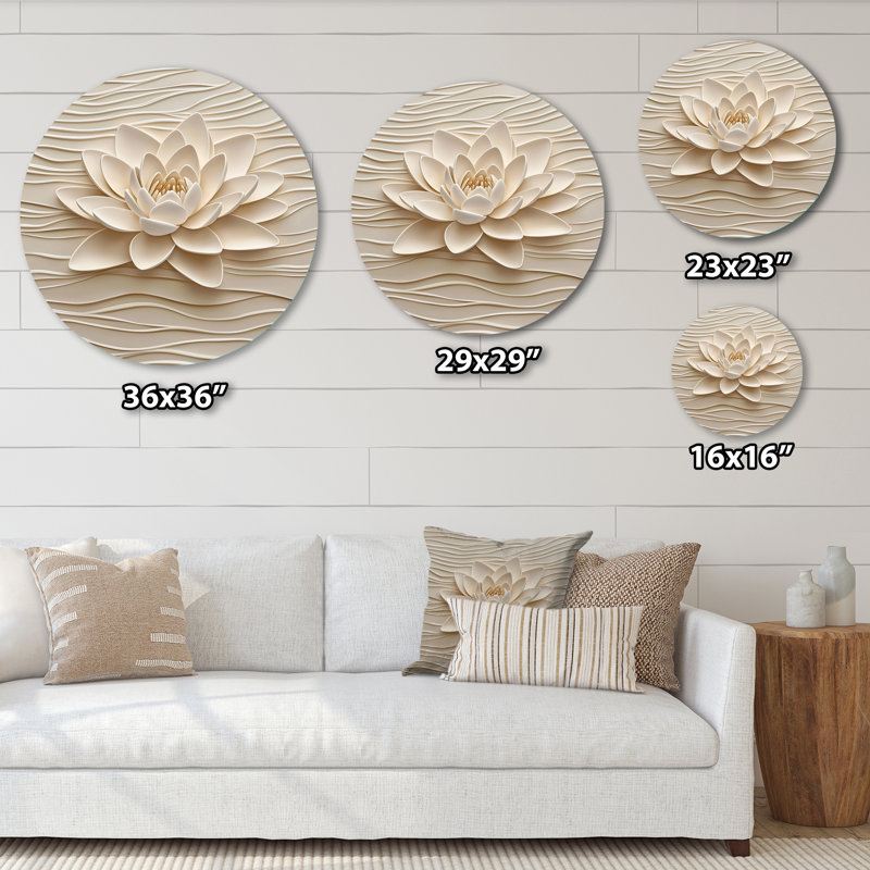 Nénuphar beige sérénité - art mural moderne éclectique rond, art mural contemporain rond en métal, H 23 po x l 23 po