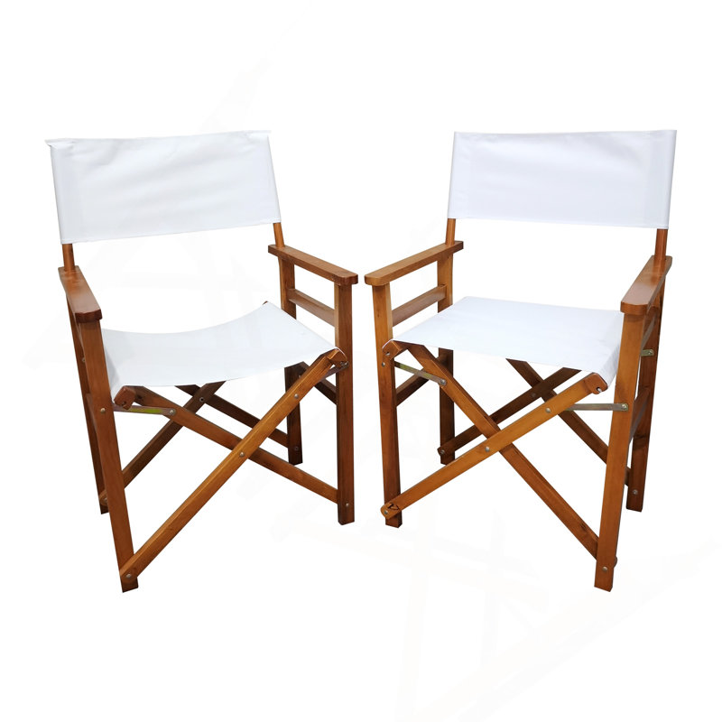 2Pcs Wooden Director Folding Chair, Populus Wood & White Canvas, White