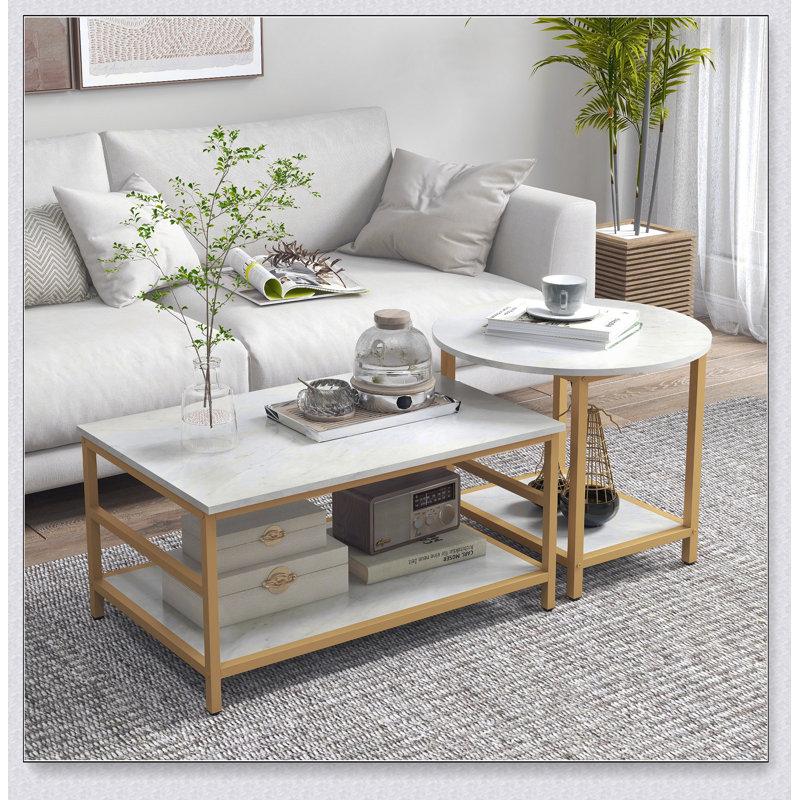Coffee Tables Set of 2, 2-Rier Rectangle and Round Coffee Table with Storage Shelves