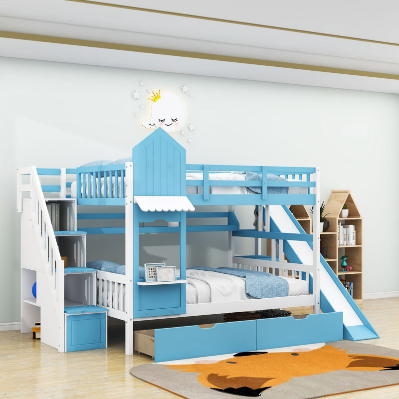 2 Drawers Bunk Bed with Storage Stairs, Slide and Shelves, Full over Full, Blue