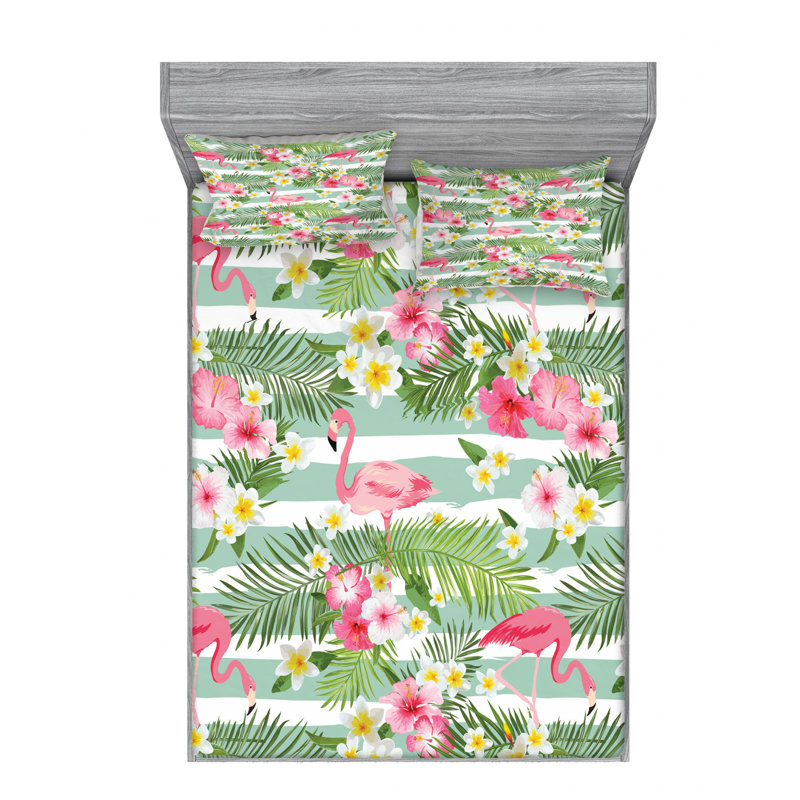 Flamingo Microfiber Floral Sheet Set, Queen Sheet Set with Fitted Sheet