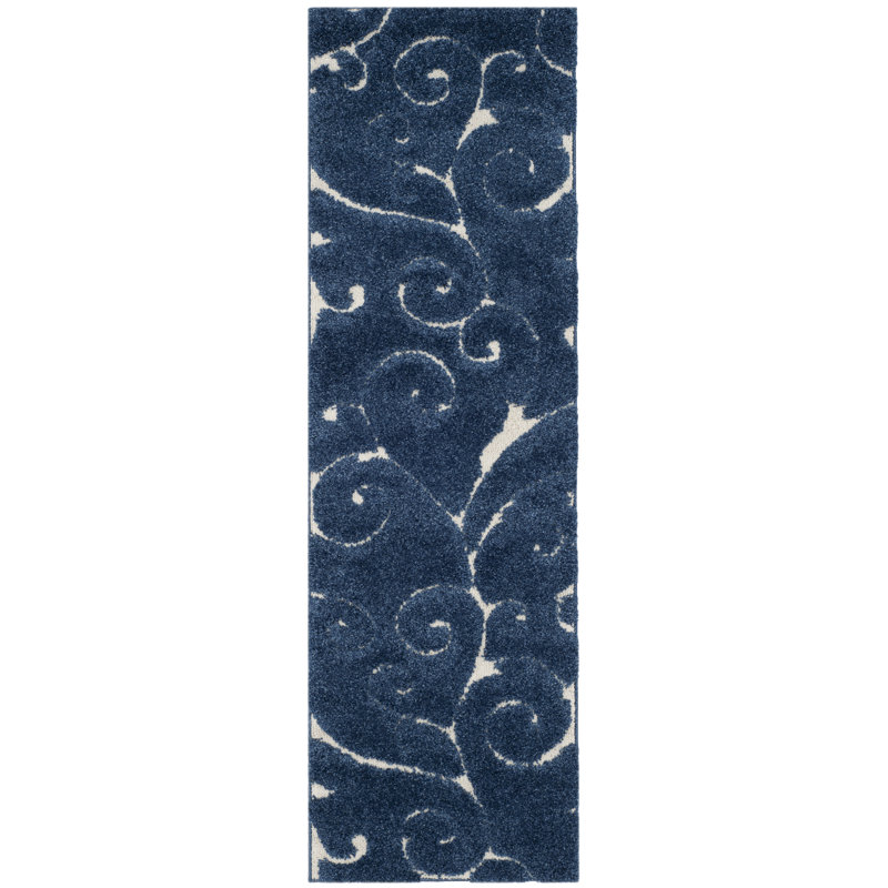 Tapis Amza, Tapis de couloir 2 pi 3 po x 9 pi, Bleu foncé / Crème