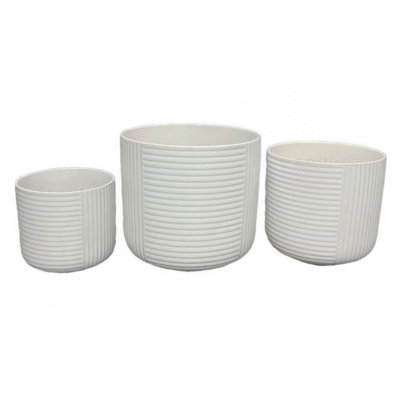 Kena Planter Set Of 3, White Ceramic, Ribbed Texture Pots, 12 10 8 Inch