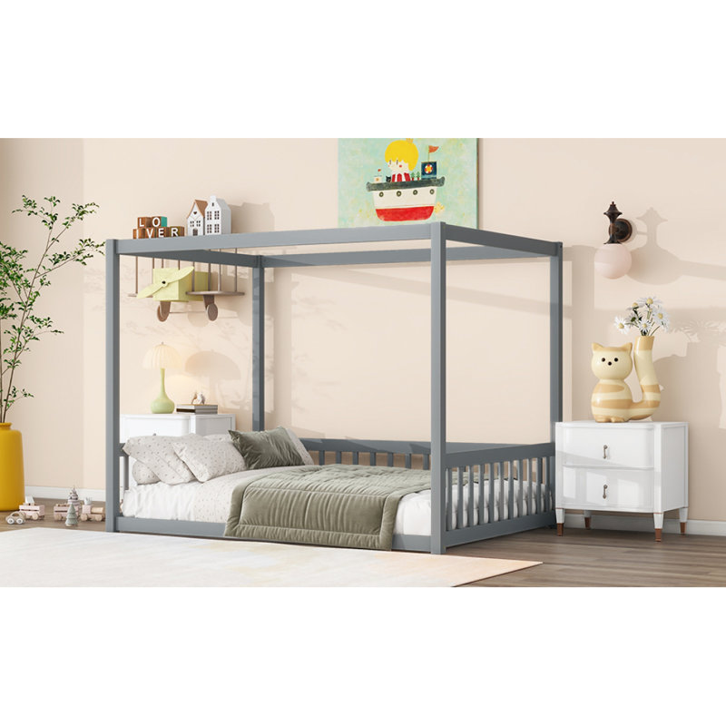 Lit double en bois d'hévéa avec clôture, garde-corps, gris, Gris