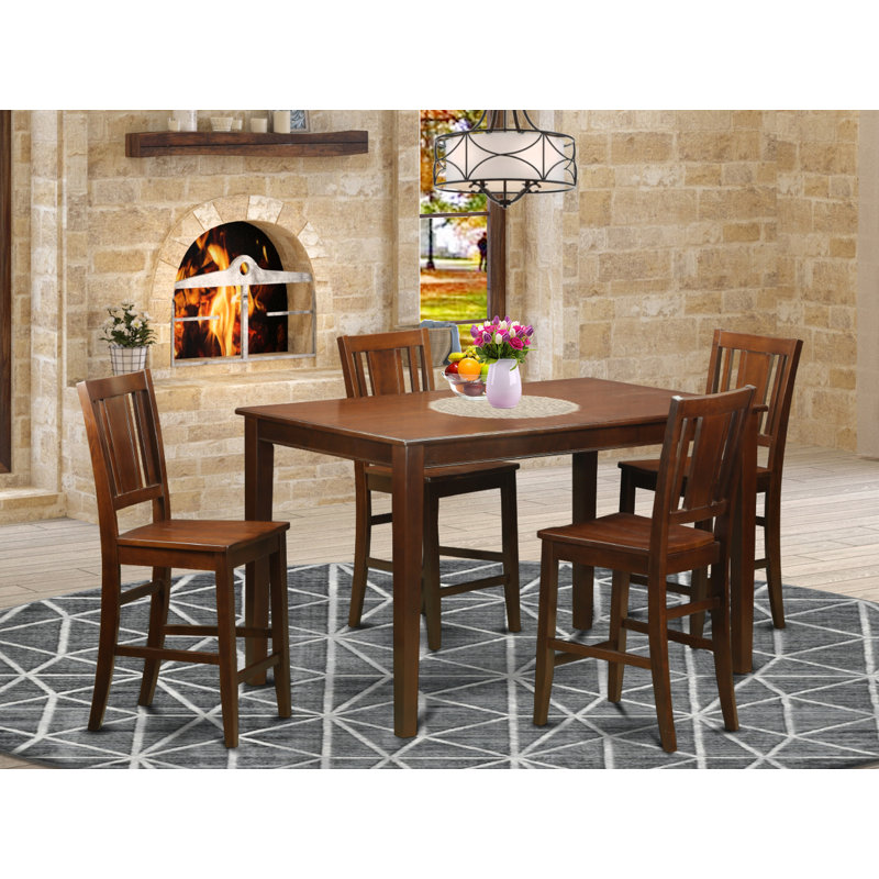 5 Piece Counter Height Pub Set Includes a Rectangle Dining Table and 4 Dining Room Chairs, Mahogany, Wooden