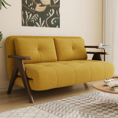 53''W Corduroy Sofa Bed, 3-in-1 Upholstered Convertible Sleeper Couch with Back Cushion, Wood Round Arms with Tray(Yellow)
