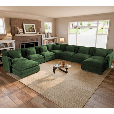 Amabilia 9-Piece 150" L Shaped Upholstered Corner Modular Sectional Sofa Cloud Couch With Ottomans - Chenille Fabric