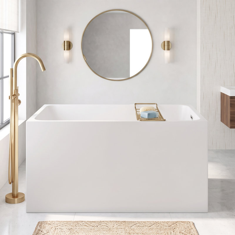 Baignoire rectangulaire autoportante contemporaine en acrylique (119 cm x 71 cm) avec siège intégré, profondeur d'immersion, bonde escamotable, trop-plein chromé, blanc brillant