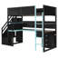 Lit mezzanine simple en bois avec escalier de rangement, bureau, tablettes et panneau perforé, noir et bleu-607960436-607960437