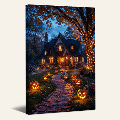 Glowing Jack-O-Lanterns Lining Cobblestone Path Halloween Canvas Wall Art