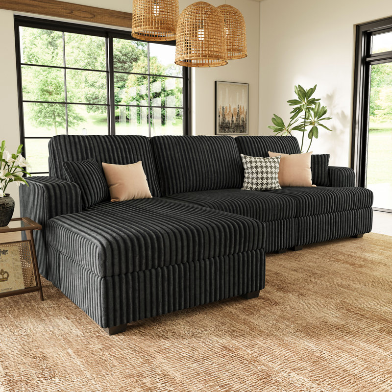  Bianca Wide Plush Corduroy 3-Seat L Shaped Modular Sofa with Storage, Dark Gray Corduroy, Left Hand Facing