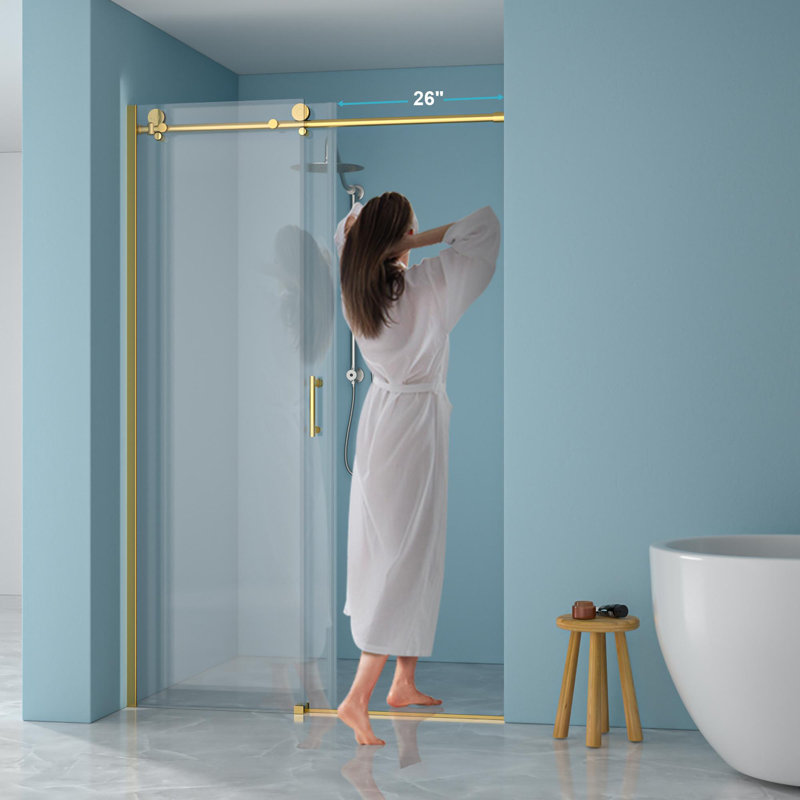 48"W x 76"H Single-Slide Shower Door - 8mm Tempered Glass with 304 Stainless Steel Frame, Gold