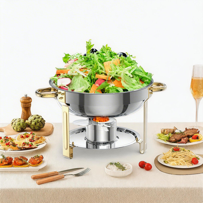 Ensemble de buffet à vaisselle rond 5QT - Ensemble de 4 réchauds en acier inoxydable avec couvercles, porte-couvercles, cuillère de service et pince à épiler pour les mariages, la restauration et les dîners