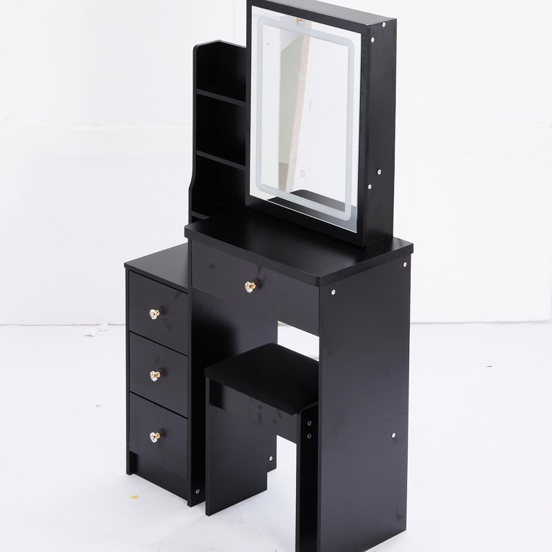 Amabella Small Size Vanity Table With Touch-Control Led Mirror, Colour & Brightness Adjustable, Cushioned Stool, , Black, Space Optimizing Concept Black Sliding Touch Adjustable Colour, For Compact Living Spaces