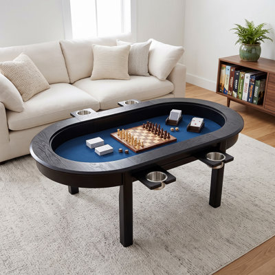 Solid Wood Board Game Table W/ Removable Top, D&D/Puzle Table W/ Game Mat, 4 Cup Holders, 51" Oval Coffee Table