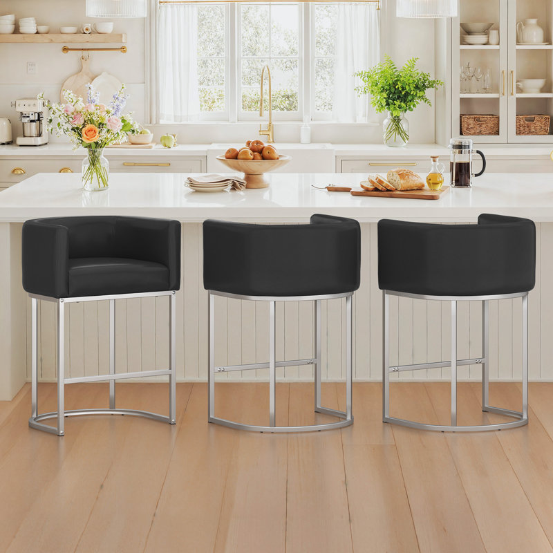 Tabouret de comptoir rembourré 26 "avec structure en métal Jessica, Argent argent, Noir / similicuir