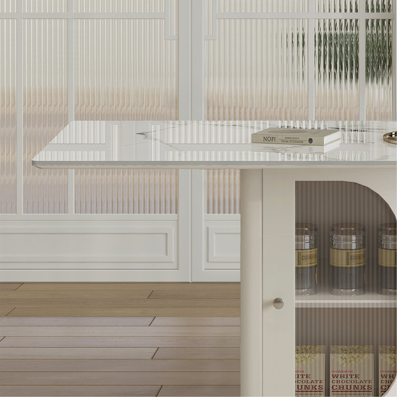 Table de salle à manger 63 "moderne pour 4 à 6 personnes avec armoires de rangement, plateau en pierre carbonisée et base en bois massif doré, avec chaises en velours blanc pour la cuisine et l’appartement