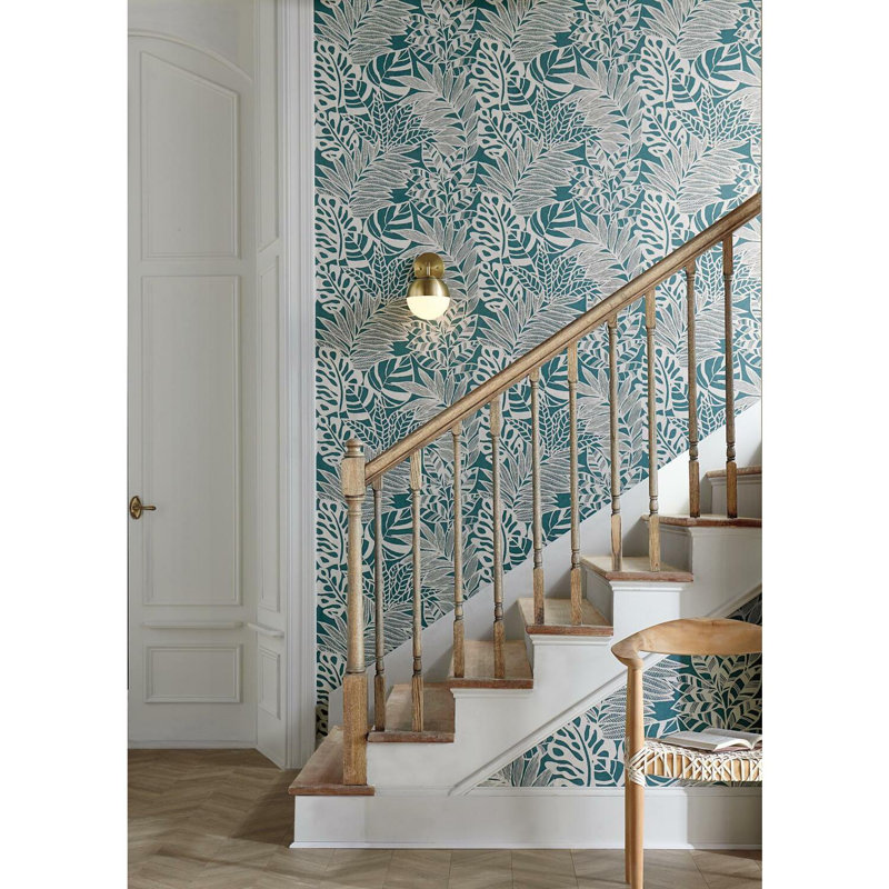 Jungle Leaves 27' L x 27" W  Wallpaper Roll, Teal