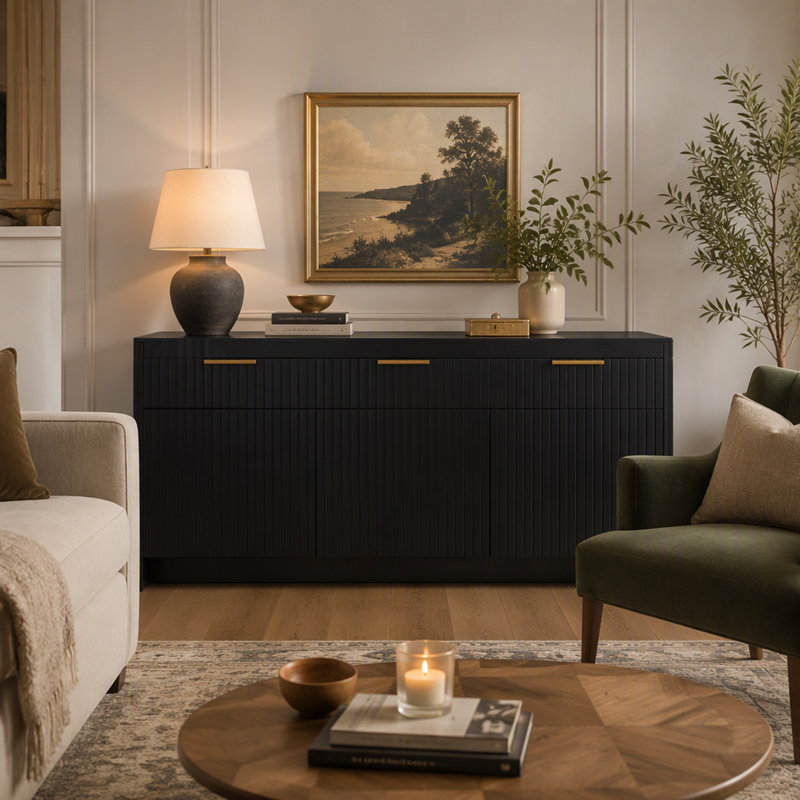 Grand buffet à cannelures avec 6 portes et 2 tiroirs, rangement pour bar à vin moderne pour la salle à manger et le salon