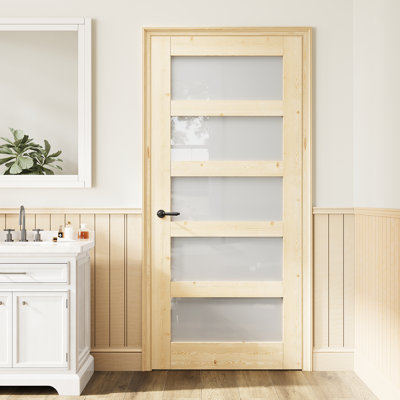 Panneau de porte intérieur en bois de pin et verre givré 32 po x 80 po 5-Lite, bois de pin noueux naturel prêt à teindre, panneau de porte sans trou ou charnières, comme porte de grange ou porte prémontée ou porte de poche Porte de garde-manger, porte de buanderie, porte de chambre à coucher