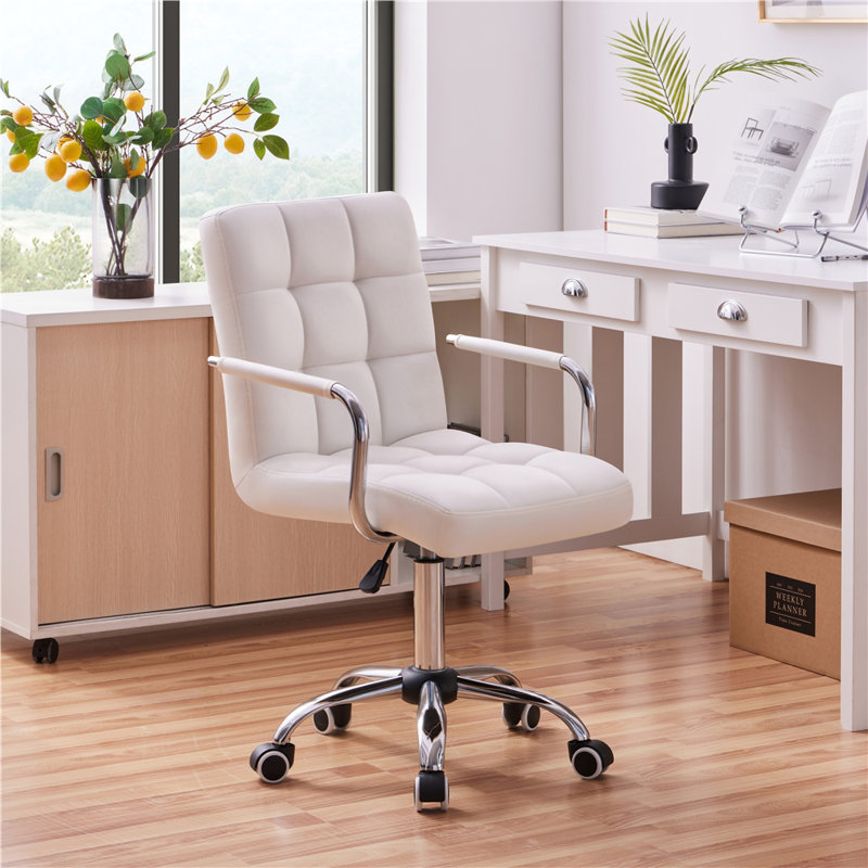 Mid Back Executive Swivel Office Chair with Metal Frame and Arms, White