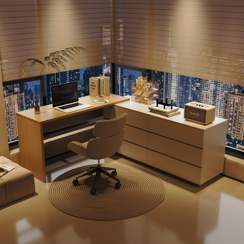 Bureau de coiffeuse extensible 97,6 po à 6 tiroirs, Ivoire et chêne