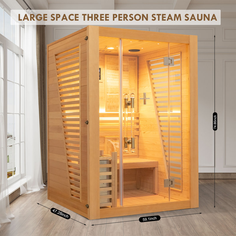 Hylivesaunas Wood Home Steam Sauna, 3 Person Canadian Hemlock Traditional Luxurious Wooden Indoor Spa Room, with 3.5 kw Heater, Bluetooth Speaker, Rocks, Water Bucket, Spoon, Lights, US Instock