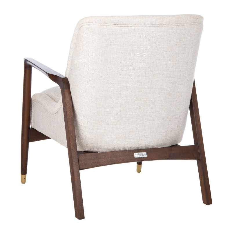 Scandinavian Cream Linen & Wood Transitional Accent Chair with Brass Tips