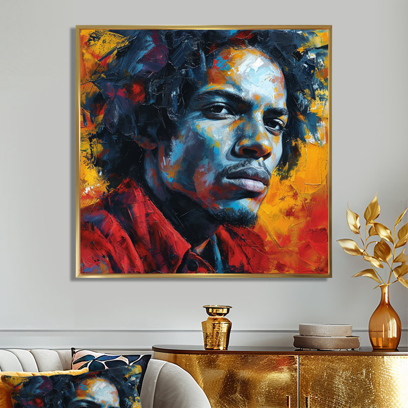 «Young Bob Marley Rastafari Portrait - Abstract Portraits», reproduction d'art, Toile avec cadre flottant or