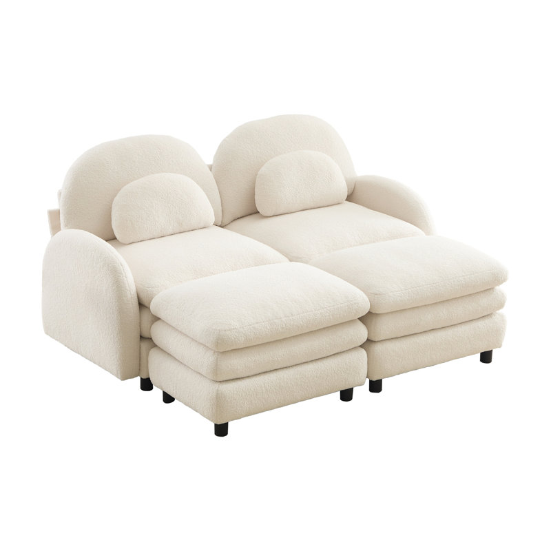 Canapé modulaire 2 places en tissu avec repose-pieds, dossier incurvé et coussins lombaires Teddy, Beige