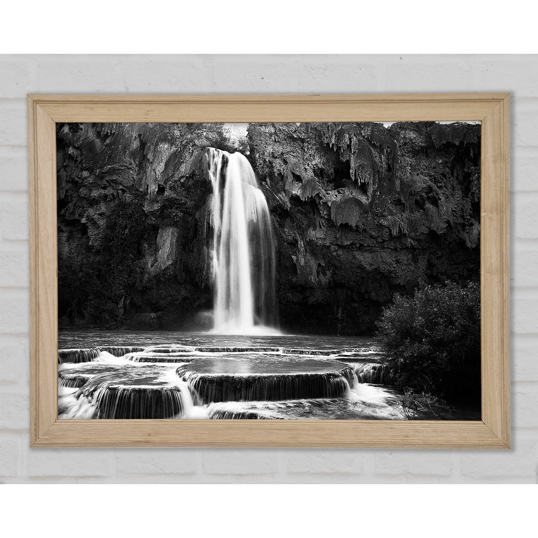 Gerahmtes Poster Hidden Woodland Waterfall Rocks B N W