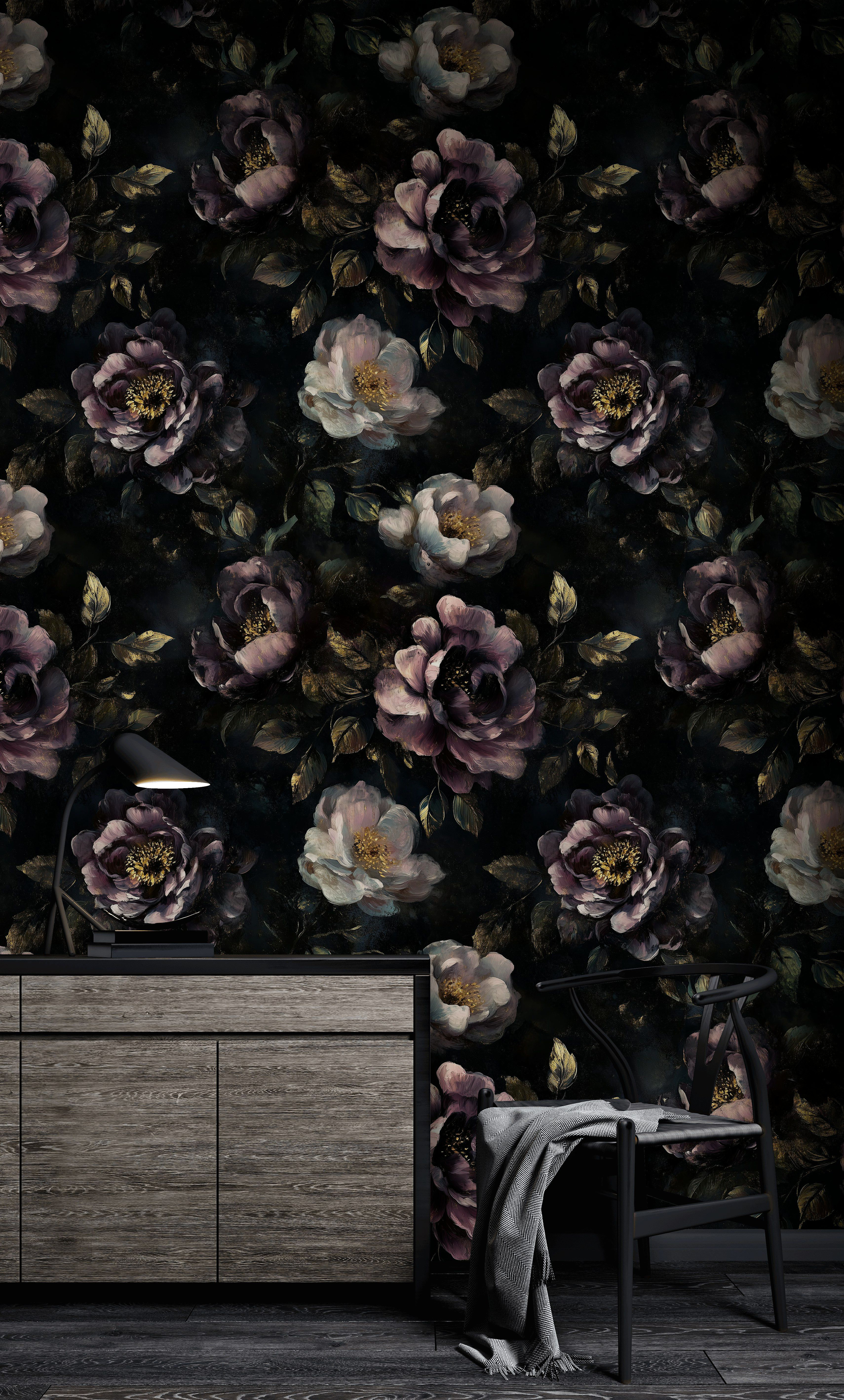 Lark Manor™ Dark Floral Wallpaper Mural Moody Rose Oil Painting Wall ...
