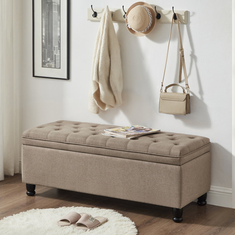 Upholstered tufted button storage bench, Linen