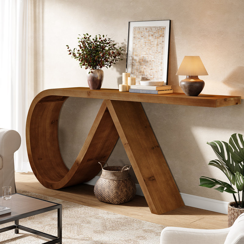 Solid Wood Console Table, 57" Long Farmhouse Entryway Table for Living Room, Hallway, Entrance, Foyer, Behind Couch, Walnut Brown